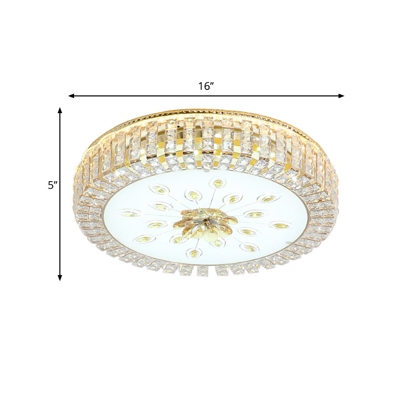 Modern Led Crystal Drum Ceiling Lamp With Flush Mount In Gold Finish For Bedrooms