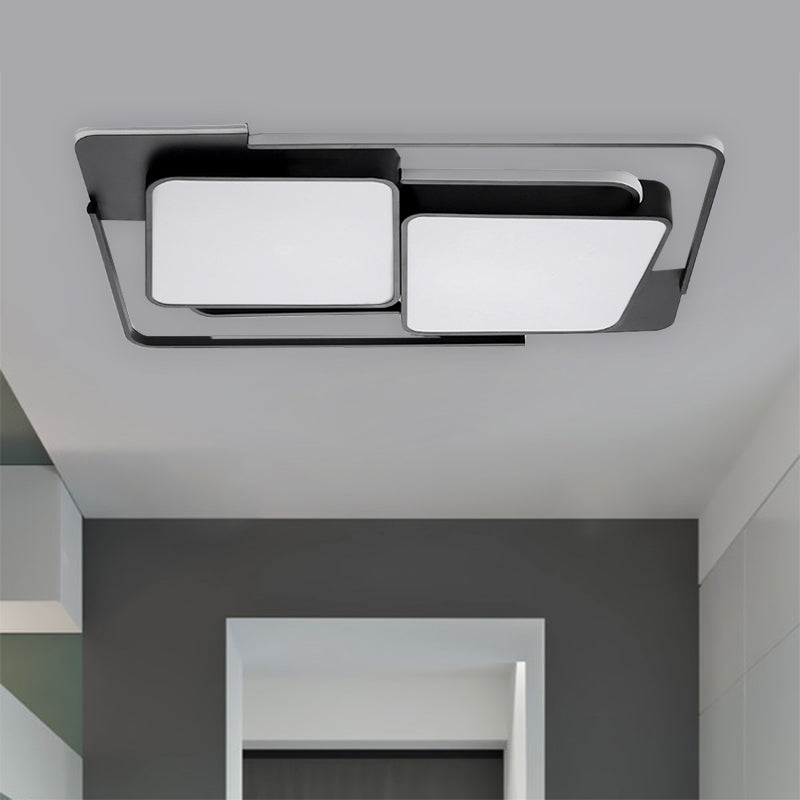 Modern Metal Led Flush Ceiling Light For Living Room - Rectangular White/Black Fixture With Warm