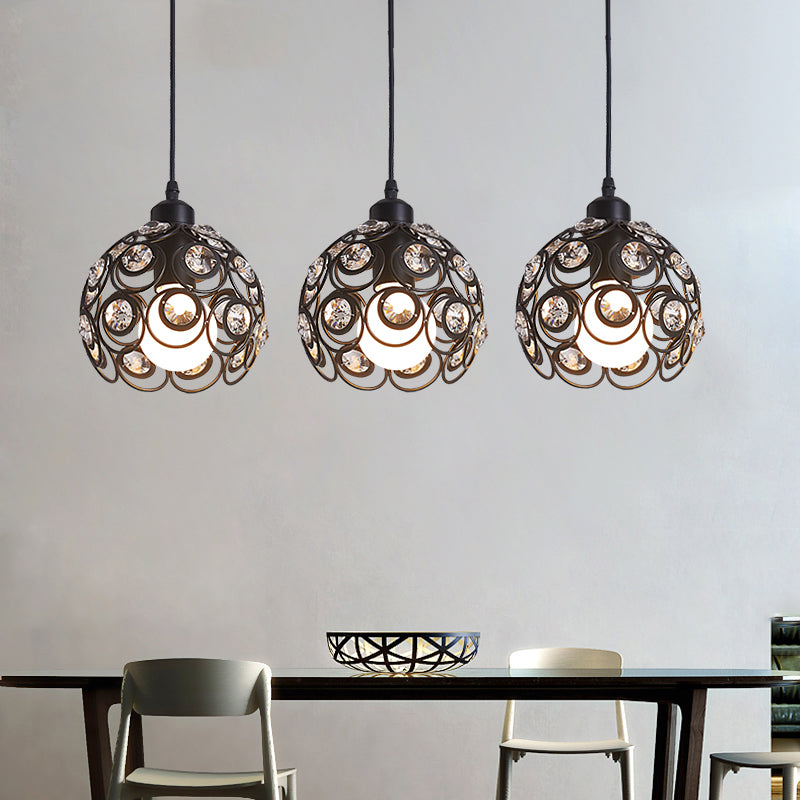 Modern Crystal Dome Metal Cage Pendant Lamp With White/Black Hanging Lights - Round/Linear Canopy