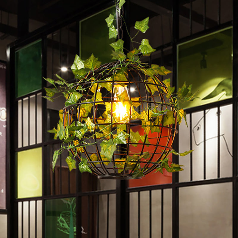 Industrial Globe Cage Ceiling Pendant Light With Iron Pendulum And Artificial Plant Deco In Black