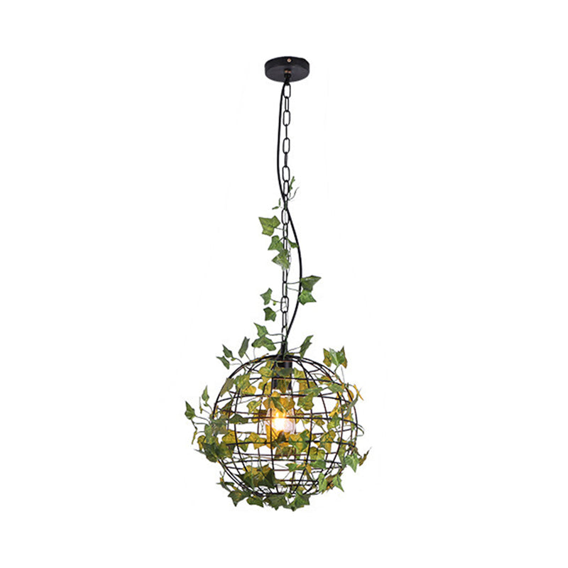 Industrial Globe Cage Ceiling Pendant Light With Iron Pendulum And Artificial Plant Deco In Black