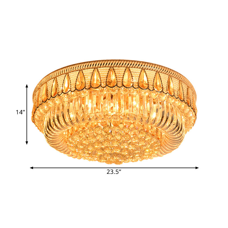 Modern Gold Drum Flush Mount Ceiling Light With 7 Clear Crystal Orbs - Ideal For Living Room