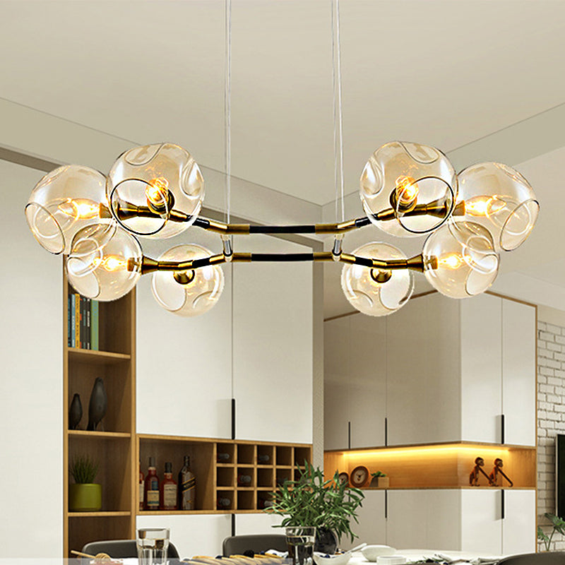 Modern Metal Multi-Light Branch Chandelier Pendant Lamp With Amber Blown Glass Ball Shade