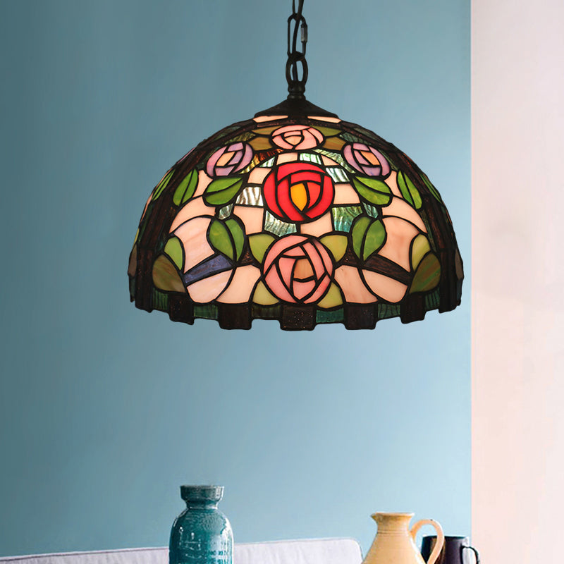Stained Glass Rose Pattern Pendant Light With Green Bulb And Dome Shade - Mediterranean Style