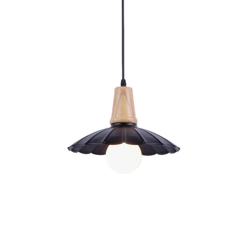 Industrial Scalloped Metal Hanging Pendant Light With Wooden Cap - Bedroom Suspension In White/Black