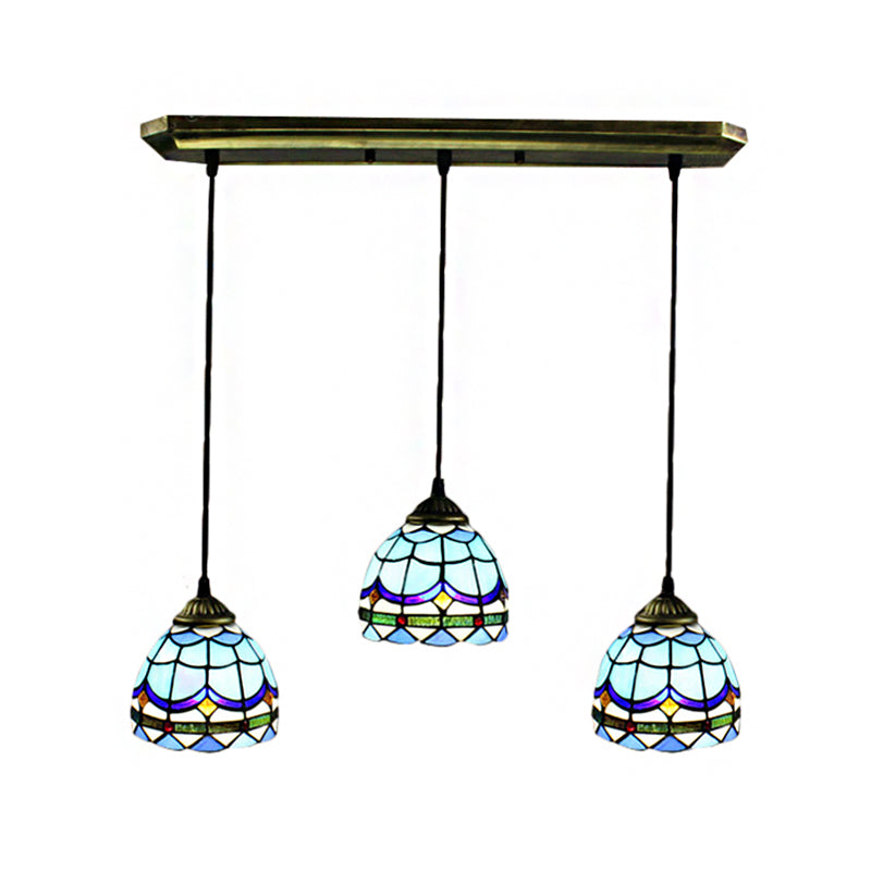 Vintage Stained Glass Bowl Ceiling Fixture - Blue Pendant With 3 Decorative Hanging Lights