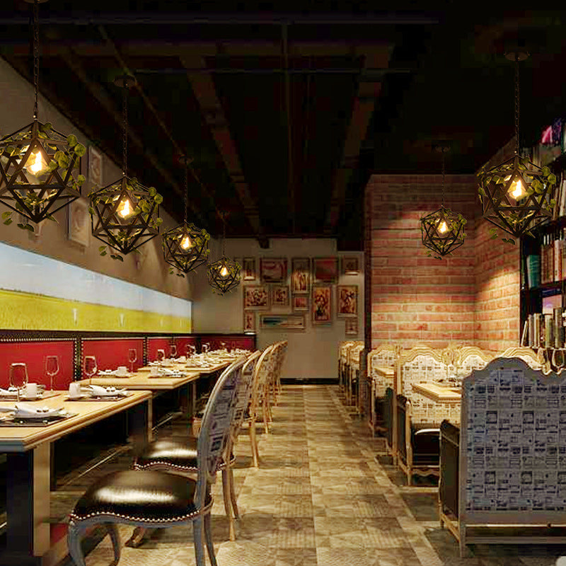 Geometric Metal Pendulum Light With Bulb And Fake Vine - Perfect For Industrial Restaurant Ceiling