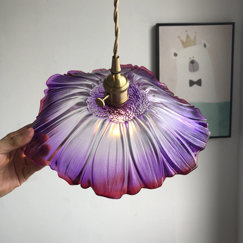 Modern Purple/Clear Glass Flower Pendant Lamp - 1-Light Brass Dining Table Lighting Fixture