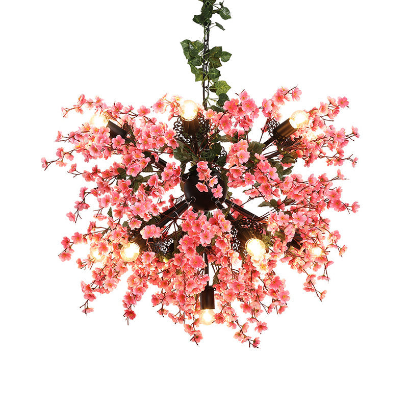 Vintage Pink Starburst Restaurant Chandelier With Cherry Blossom Decor - 13-Head Iron Ceiling
