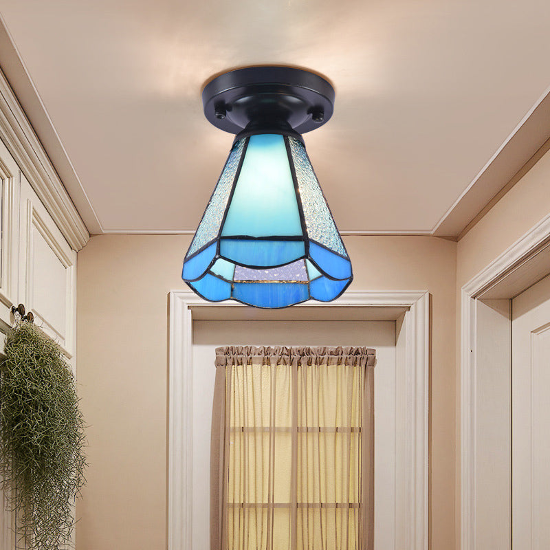 Tiffany Style Handcrafted Glass Semi Flush Mount Ceiling Light Blue