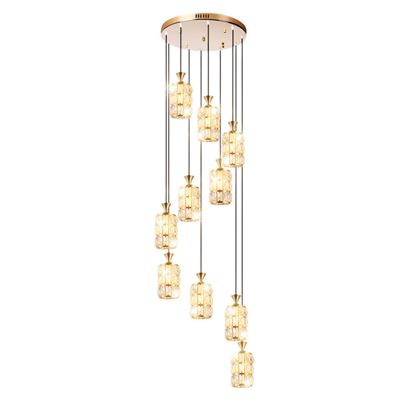 Modern Crystal-Encrusted Cylindrical Ceiling Lamp - 10 Bulbs Suspension Light Fixture For Staircase