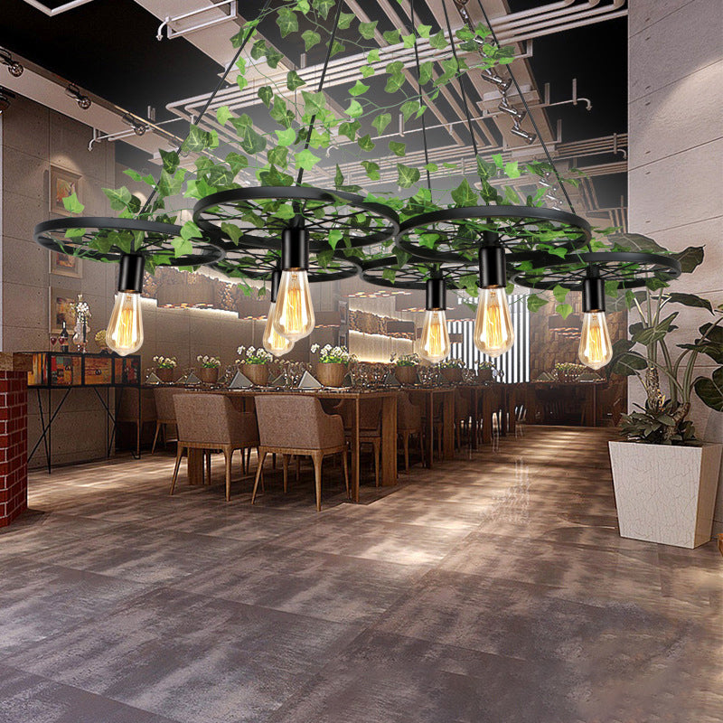 Rustic Metal Wagon Wheel Hanging Lamp With Ivy Decor For Restaurant Green Ceiling Light