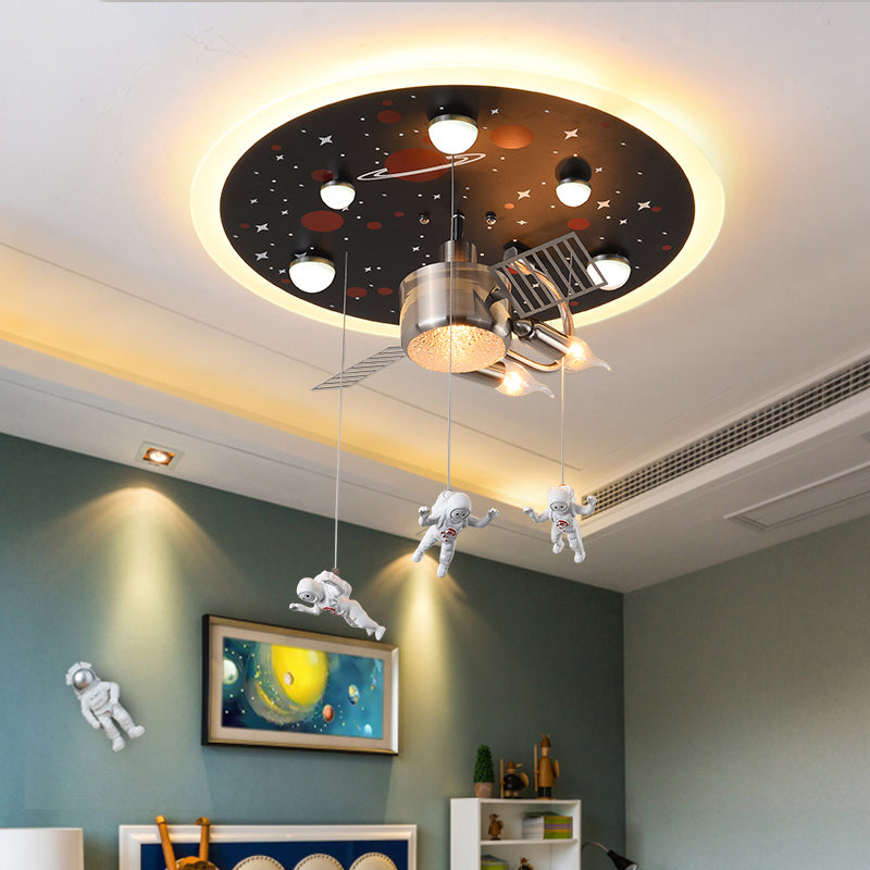 Satellite Astronaut-Themed Metal Flushmount Ceiling Light With 3-Bulb For Childrens Room