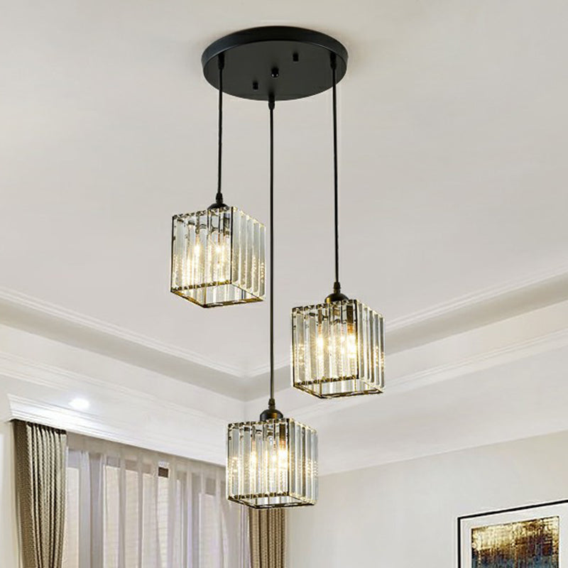 Modern Black Crystal Block Pendant With 3 Shaded Lights For Dining Room Ceiling