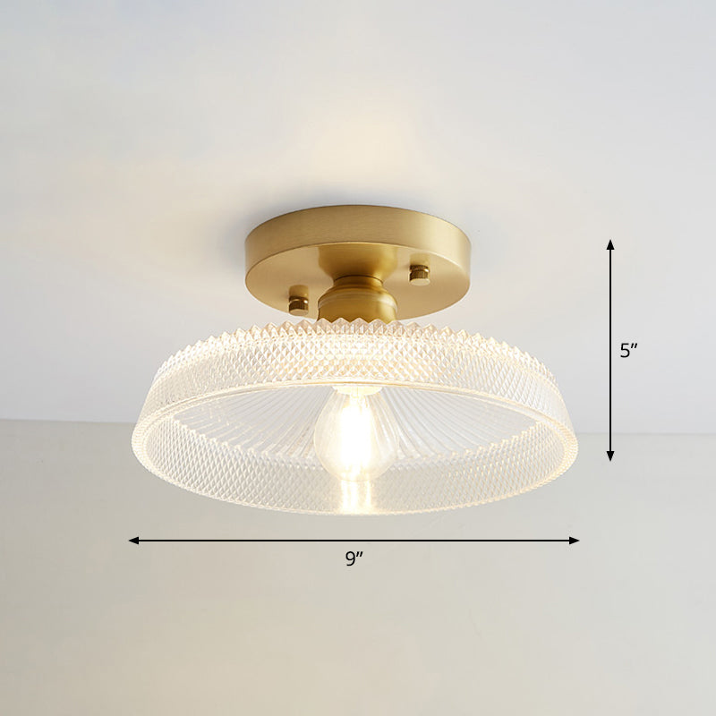 Brass Semi Flush Mount Ceiling Light For Aisle: Textured Glass 1-Light Industrial Style