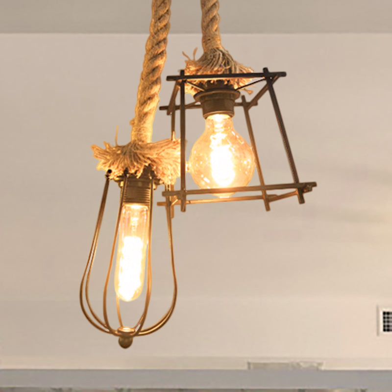 Lodge Style Black Caged Ceiling Fixture: 2-Light Metal And Rope Hanging Lighting With Unique Shade