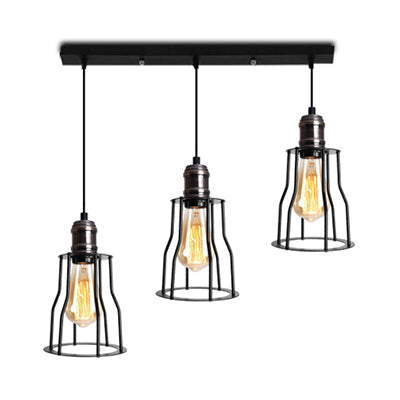 Industrial Caged Pendant Light With 3-Light Cylindrical Shade - Metallic Black Hanging Fixture /