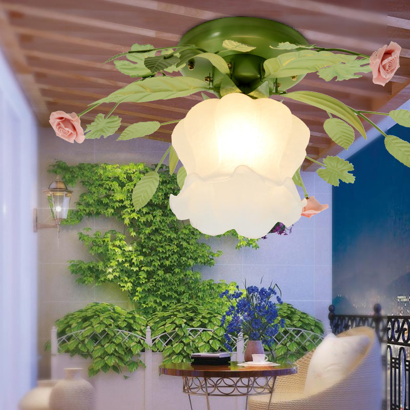 Romantic Green Floral Ceiling Light Fixture With 1/3/5 Metal Heads For Living Room Flush Mount