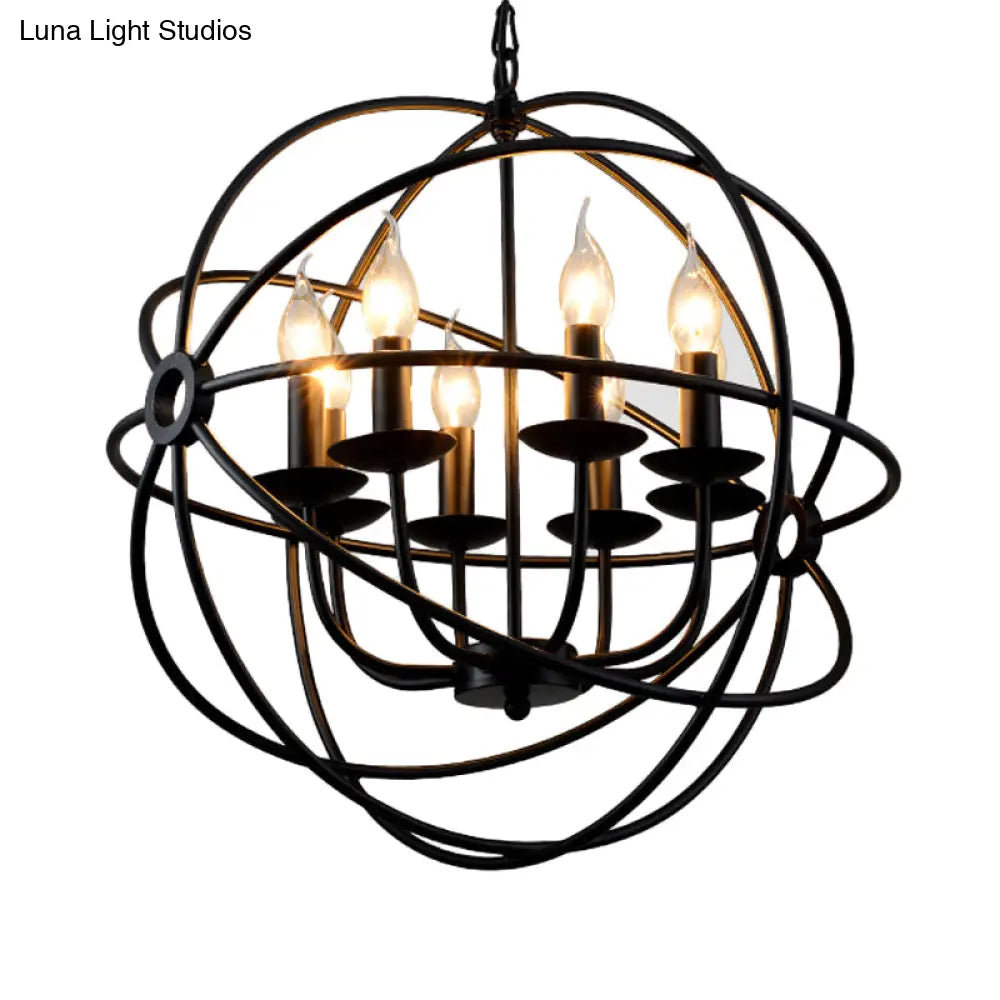 6-Bulb Spherical Hanging Light: Black Iron Chandelier Pendant For Restaurants