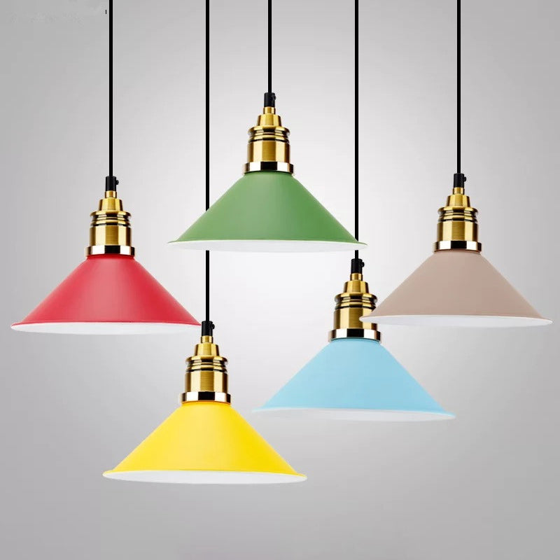 Contemporary Metal Hanging Pendant Light - Yellow/Blue/Green Tapered Shade Adjustable Cord 1 Bulb