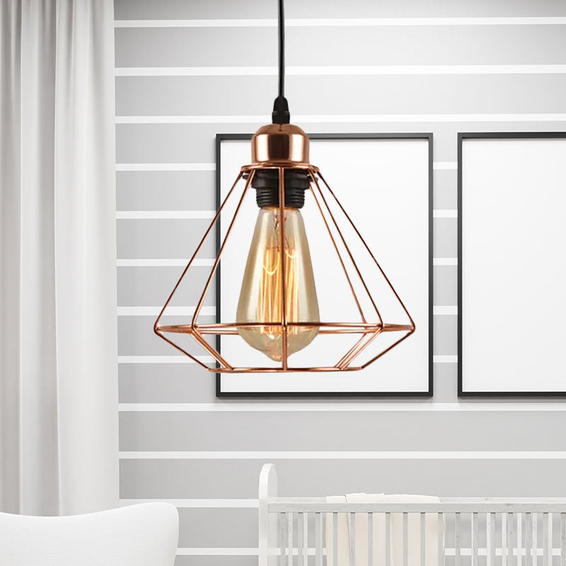 Rose Gold Geometric Cage Ceiling Light - Loft Industrial Pendant Lighting For Bedroom