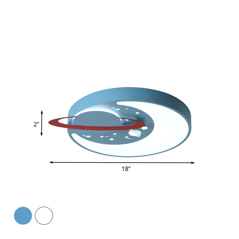 Childrens Led Flush Mount Light Fixture In White/Blue With Moon And Planet Design