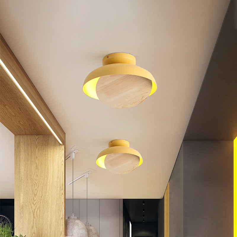Ceiling Light With Mobile Wood Shield - Macaron Iron Flush Mount Led Yellow/Pink/Green Foyer
