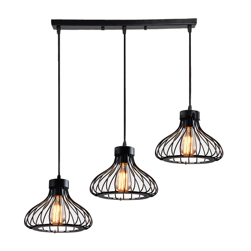 Black Metal Bowl Pendant Light With Wire Cage Shade - 3-Light Farmhouse Restaurant Fixture