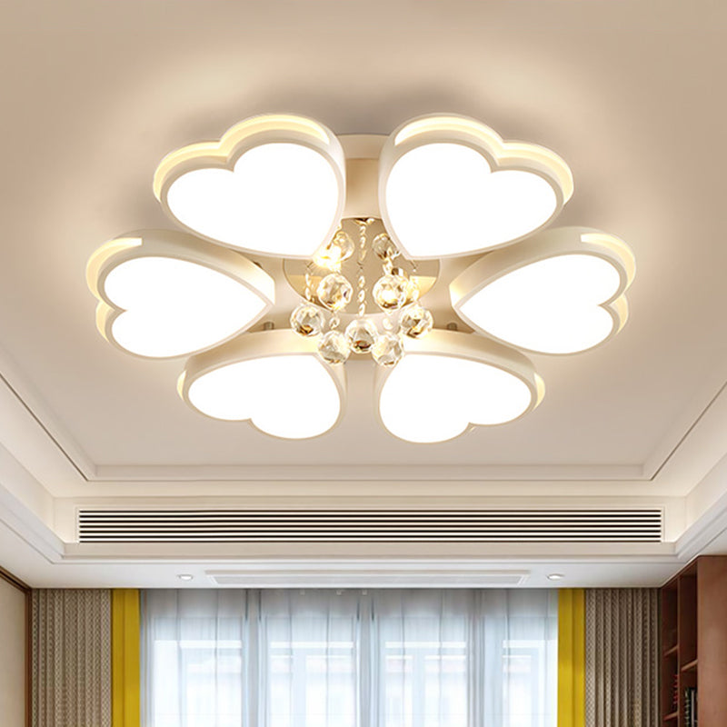 Modern Heart-Shaped Acrylic Flush Mount Light With Crystal Ball - 6 Bulbs White Perfect For Living