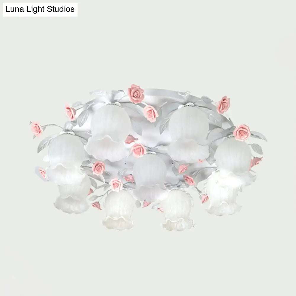 9 - Head White Glass Rose Ceiling Light - Countryside Flush Mount For Living Room