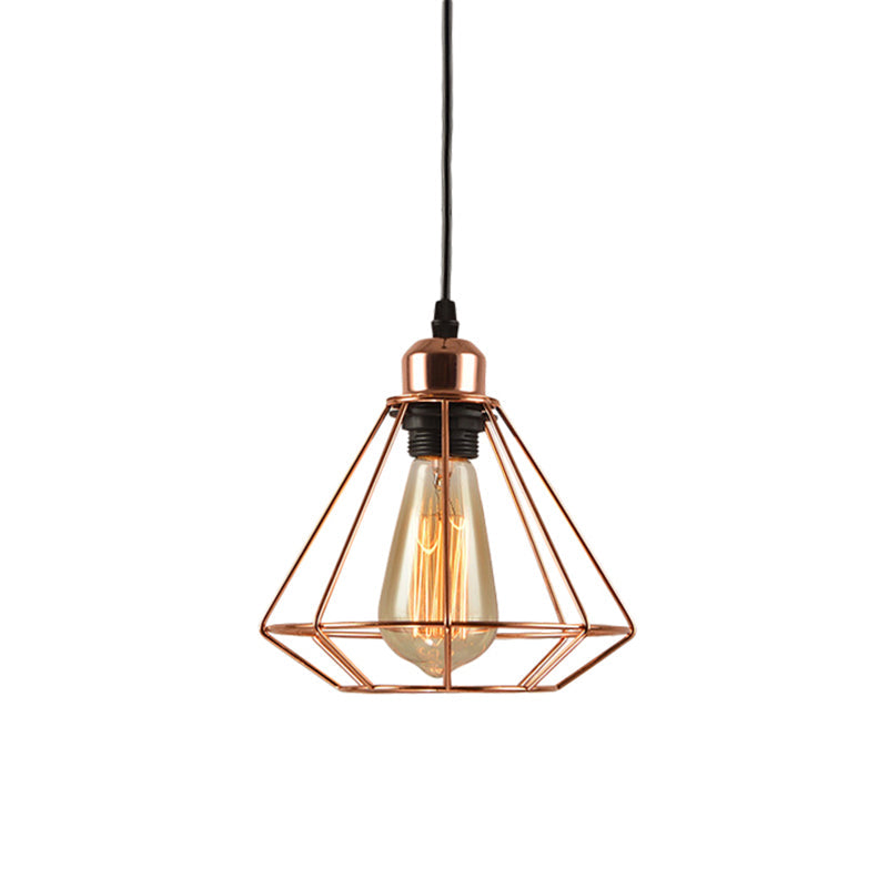 Rose Gold Geometric Cage Ceiling Light - Loft Industrial Pendant Lighting For Bedroom