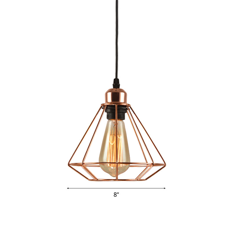 Rose Gold Geometric Cage Ceiling Light - Loft Industrial Pendant Lighting For Bedroom