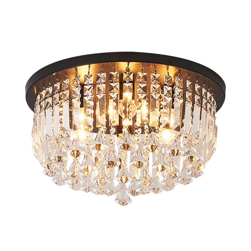Contemporary Black Crystal Cascade Ceiling Light For Bedroom - 9-Light Flush Mounted Fixture