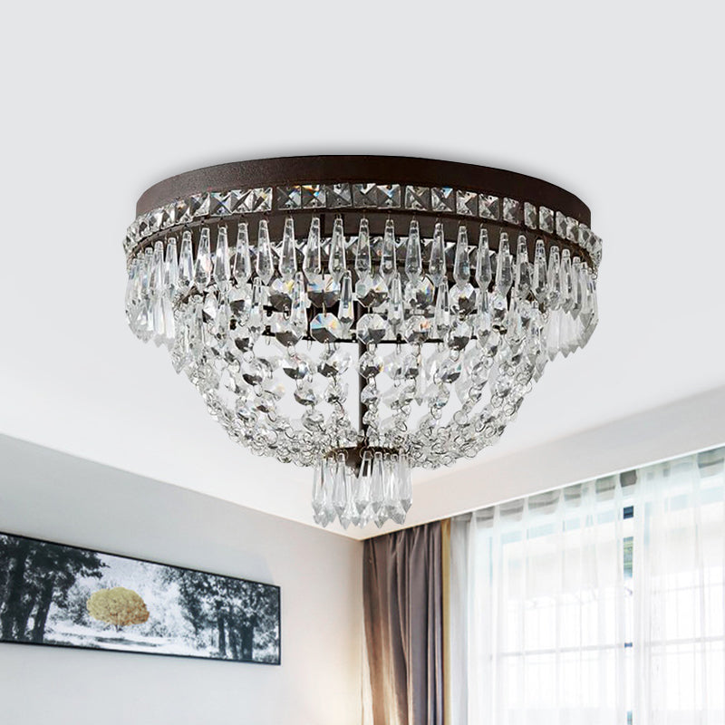 Modern Dome Frame Crystal Flush Mount Ceiling Light - 3-Light Clear Strand Black Fixture