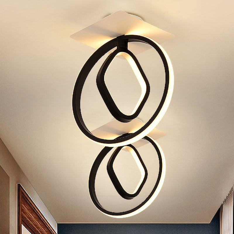 Modern Acrylic White/Black Led Ceiling Lighting For Bedroom - Ring And Rhombus Flush Mount In