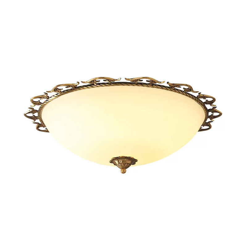 Rural Brass Flush Mount Ceiling Lamp With Frosted White Glass - 3/5 Bulbs Half-Globe Design