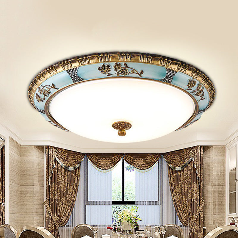 Blue Dome Cream Glass Led Ceiling Mount Lamp - Retro Flush Light Fixture For Dining Room