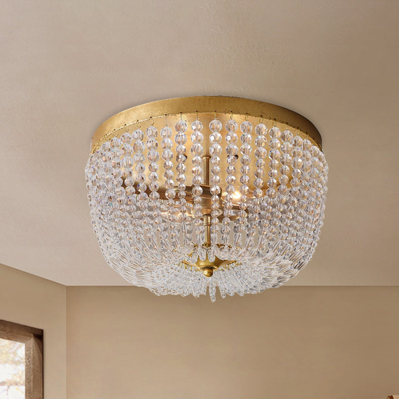 Modern Crystal Flush Ceiling Light with Gold Finish and 3 Bulbs