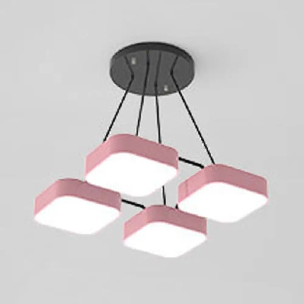 Acrylic Macaron Style Pendant Light For Kindergartens: Square Shade Chandelier 4 / Pink