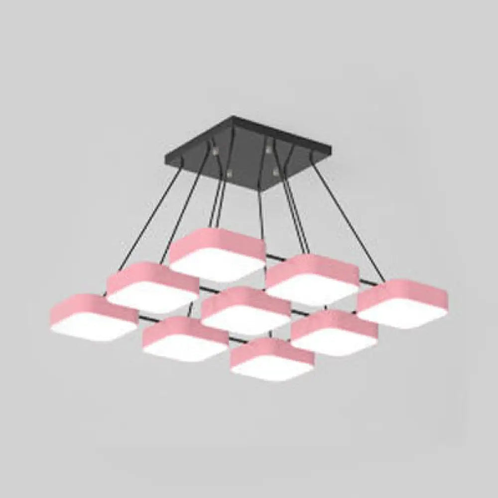 Acrylic Macaron Style Pendant Light For Kindergartens: Square Shade Chandelier 9 / Pink