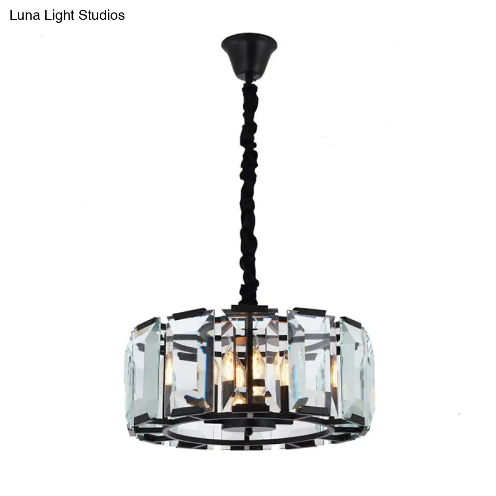 Antique Style Crystal Block Drum Ceiling Light Fixture - 4-Light Black Chandelier For Bedroom