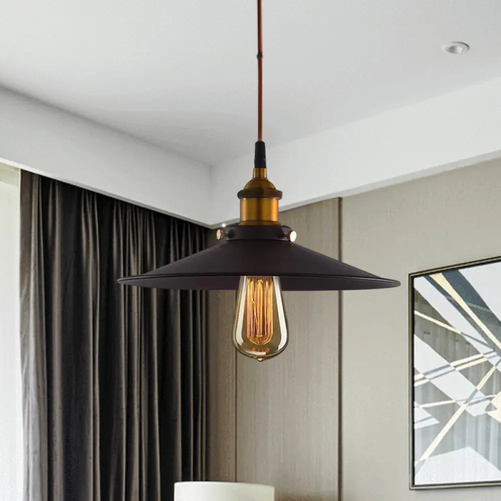 Antiqued Metal Pendant Light With Pulley And Flare Design For Living Room Ceiling - Black