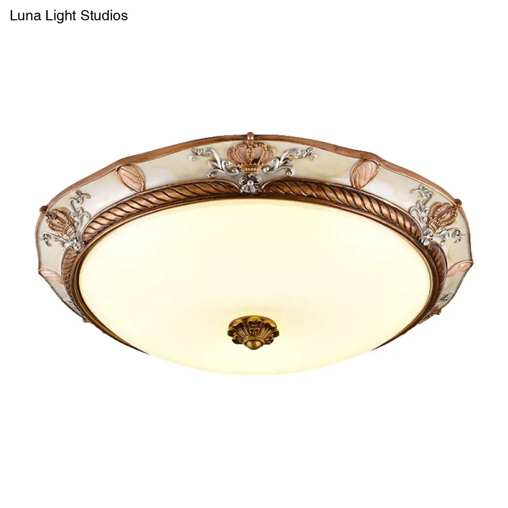 Antiqued Milk Glass Led Flushmount Lamp For Living Room Brown Cap Shape Ceiling Fixture -