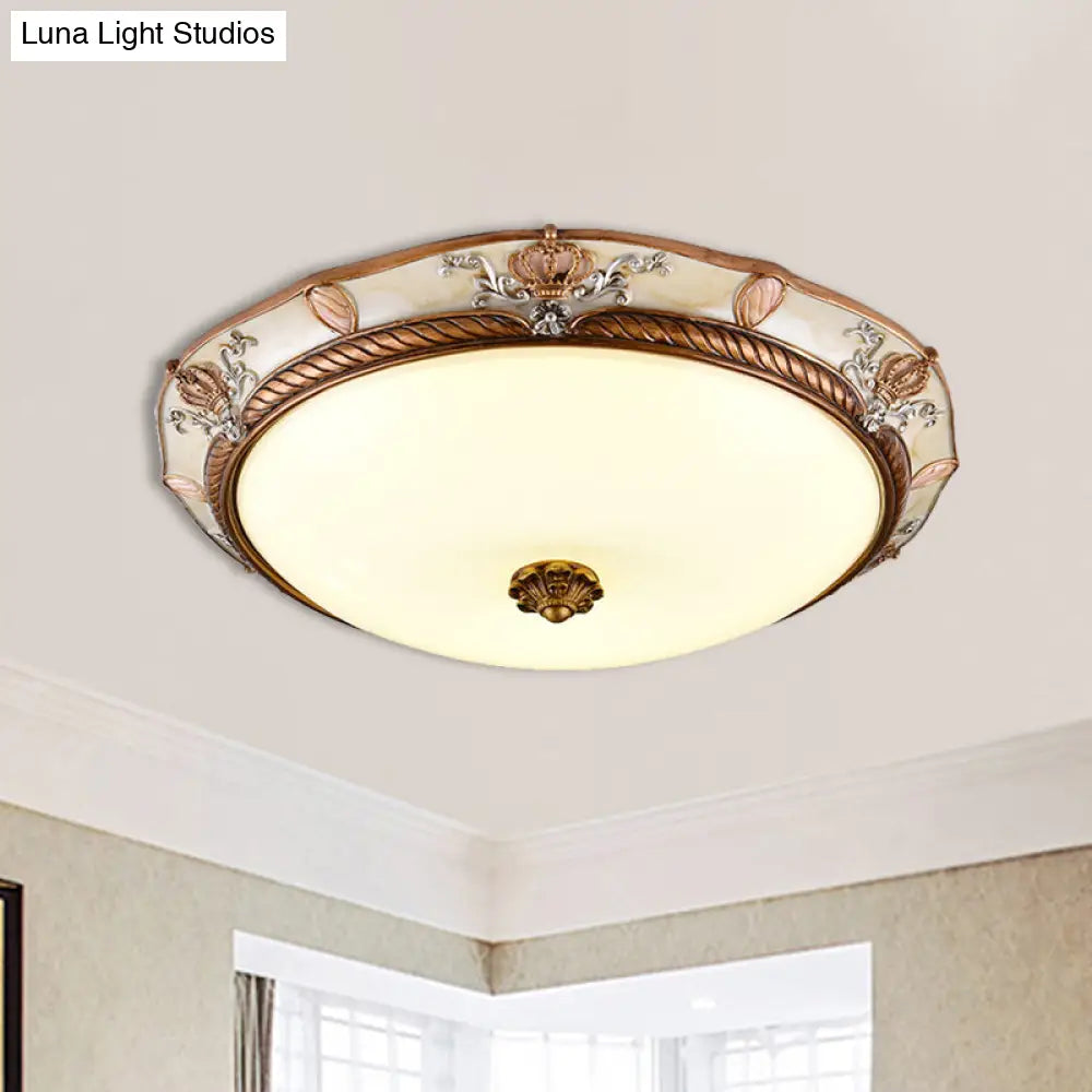 Antiqued Milk Glass Led Flushmount Lamp For Living Room Brown Cap Shape Ceiling Fixture -