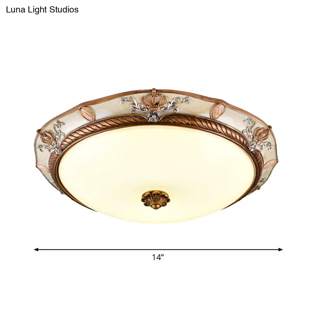 Antiqued Milk Glass Led Flushmount Lamp For Living Room Brown Cap Shape Ceiling Fixture -