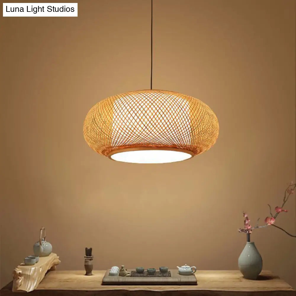 Bamboo Round Lantern Pendant Ceiling Light For Restaurants - Beige With 1