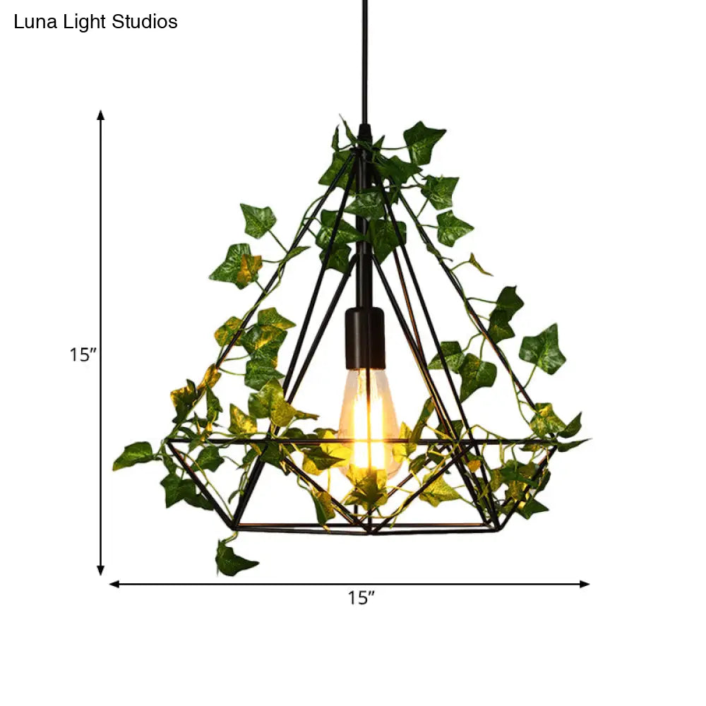Black Diamond Metal Ceiling Light With Led Down Lighting Pendant And Plant Décor - 10’/15’/18’ W