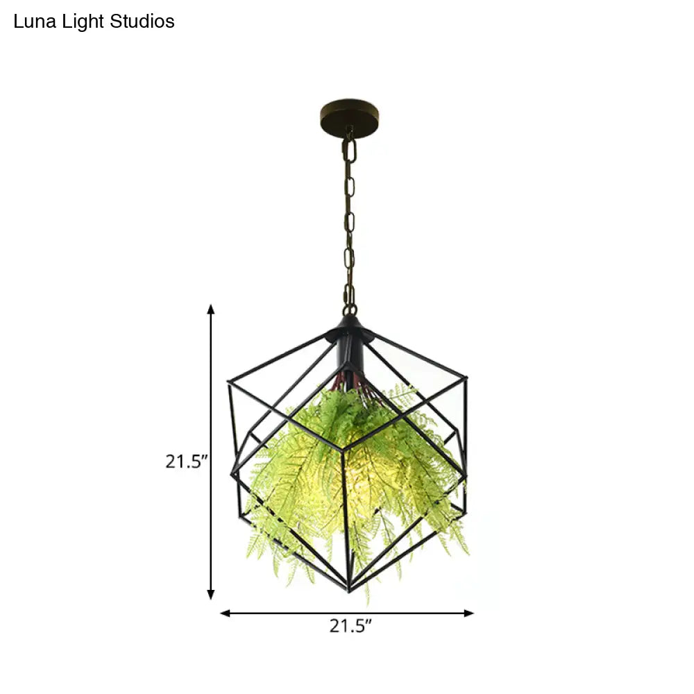 Black Metal Geometric Plant Hanging Pendant With Led Light Ideal For Restaurants - 1 Bulb