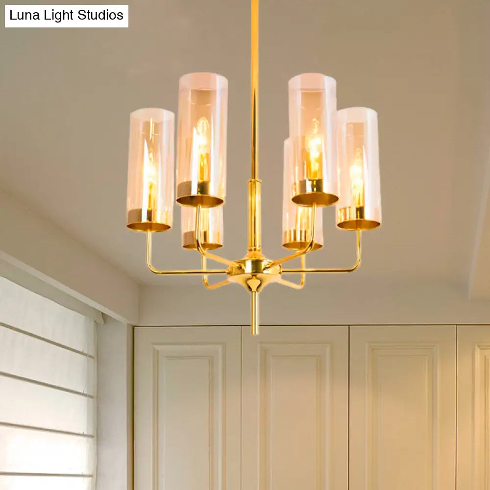 Blue/Amber Glass Cylinder Chandelier - 6/10 Lights In Gold For Modern Living Room