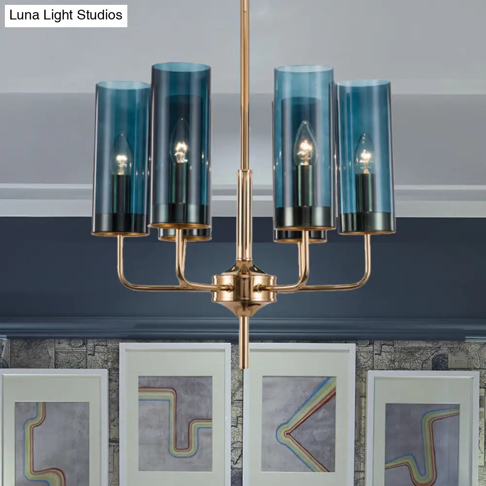 Blue/Amber Glass Cylinder Chandelier - 6/10 Lights In Gold For Modern Living Room